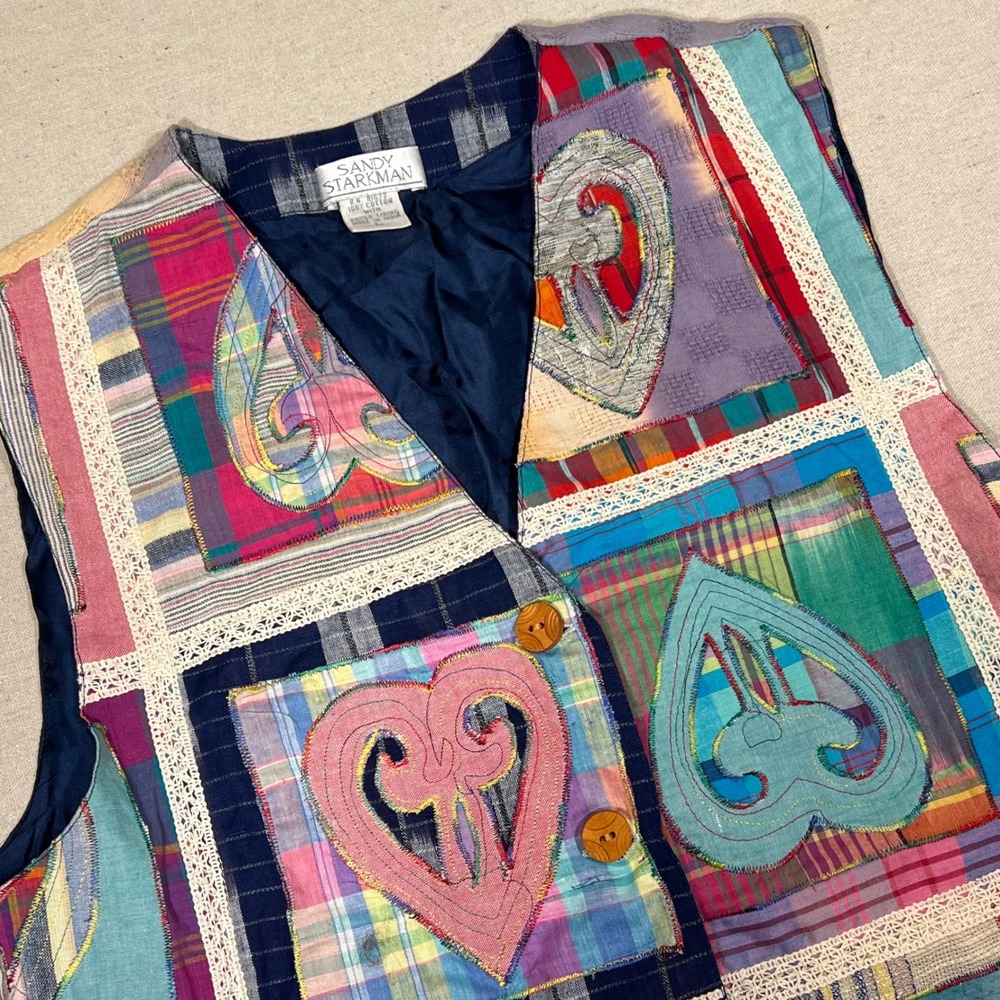 Vintage Sandy Starkman Patchwork Plaid Cotton Vest Heart Applique L Wearable Art